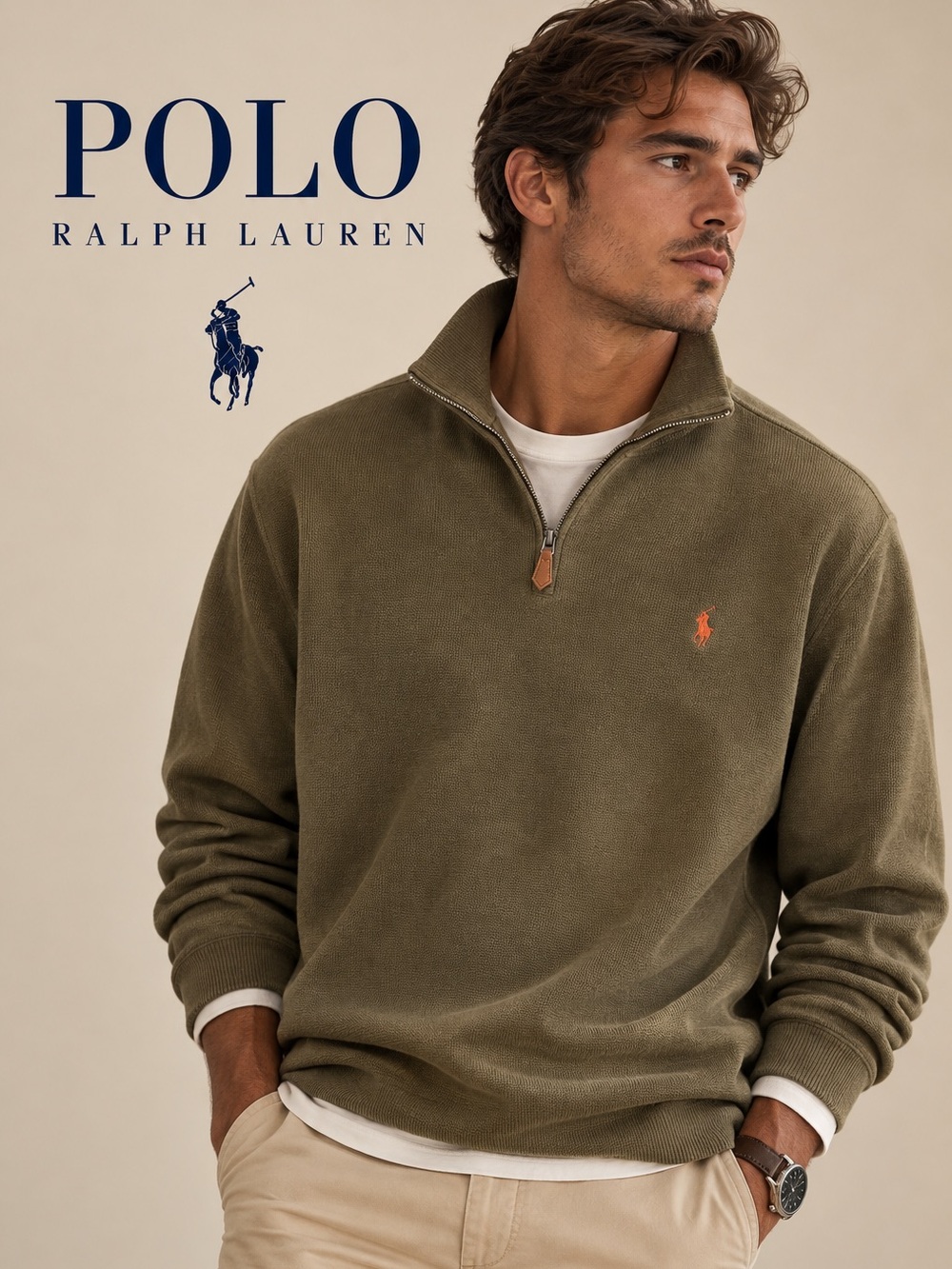 Polo by Ralph Lauren Olive Quarter-Zip Pullover with Orange Pony